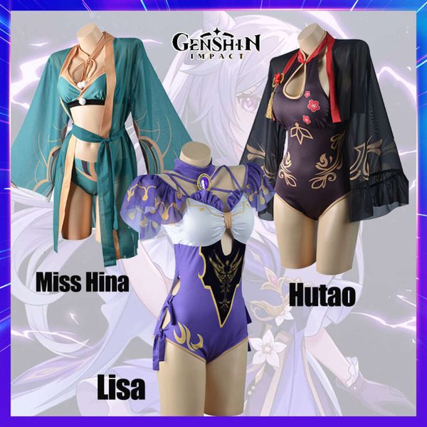 Cosplay cosplay genshin impacto traje miss hina lisa hutao terno de natação jogo anime feminino sexy biquíni banho rolecos vestido