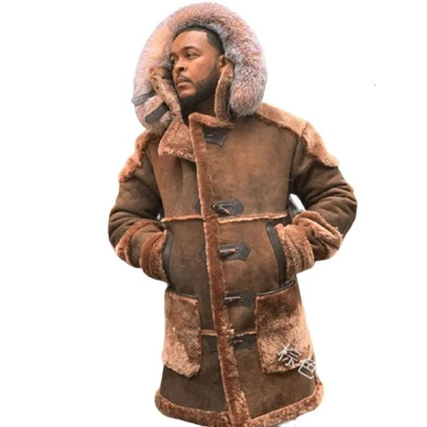 Herren-Leder-Kunstleder, COLDKER Winter-Dickmantel, warmer, Sherpa-gefütterter Wildleder-Langmantel mit Fell-Hornknöpfen, braun-ingwer Fell-Kapuzenjacke 231020