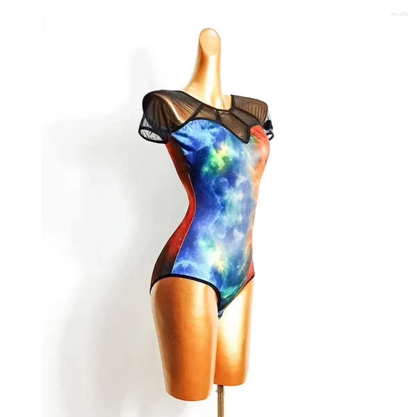 Stage Wear Galaxy Design Manica corta Schiena nuda Donna Ballo latino Body Danza Top Panno Tango Chacha Performamnce TL566