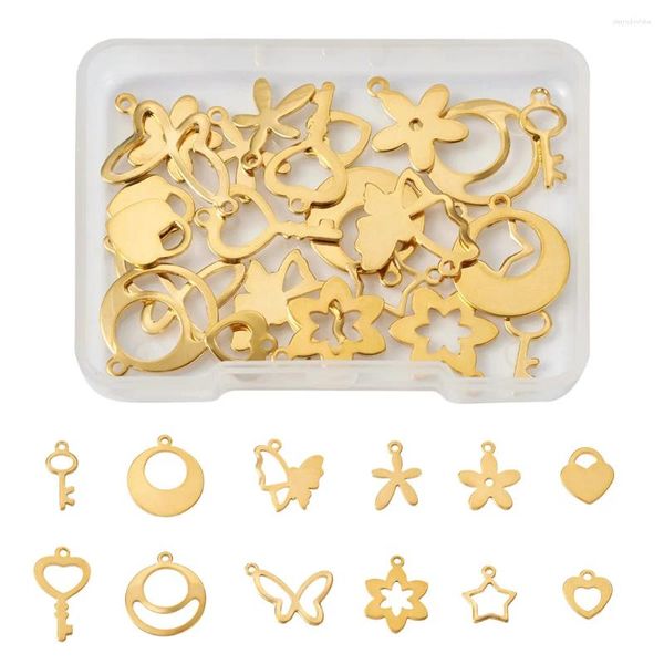 Colares Pingente Pandahall 24 Pcs 12 Estilo Estrela Flor Coração Pingentes De Aço Inoxidável Cor De Ouro Encantos De Metal Para Colar Jóias Fazendo