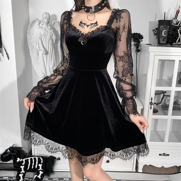 Vestidos casuais outono goth escuro harajuku shopping gótico estética mulheres mini preto punk laço uma linha vestido de festa bandagem emo alt pano305q