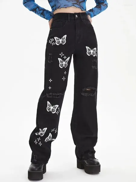 Jeans femininos 2023 borboleta impressão rasgado mulheres cintura alta solta perna reta calças de algodão streetwear calças jeans