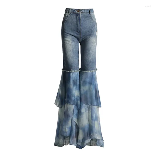 Jeans femininos superaen moda estilo coreano nicho design painéis chiffon tecido denim mulheres