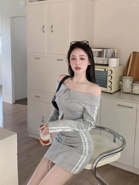 Vestidos casuais estilo coreano lapela curto zíper fora do pescoço manga comprida suéter cintura alta cordão bainha saia vestido