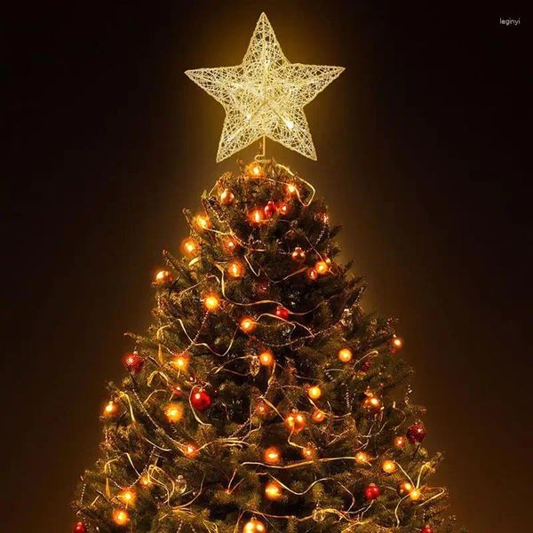 Decorazioni natalizie Topper per albero Ornamento a forma di stella Decorazione per la cima dell'albero Filo di ferro Luminoso Lampada a LED a cinque punte