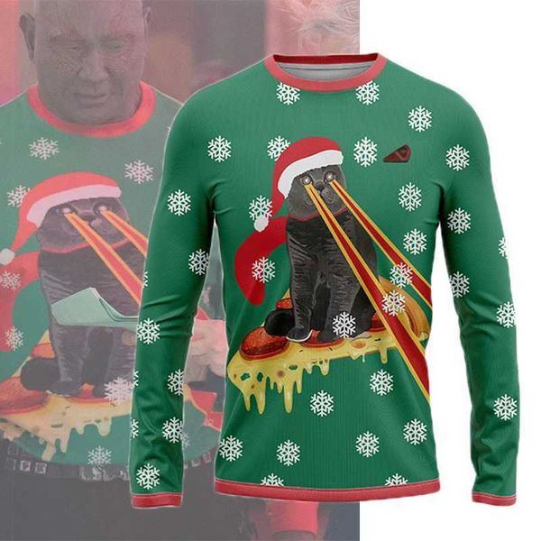 Мужские толстовки с капюшоном 2023 Drax the Same Christmas Sweater Pizza Cat с лазерным глазом AOP Толстовка унисекс Мужчины Женщины Harajuku Oversized SweatshirtL231020