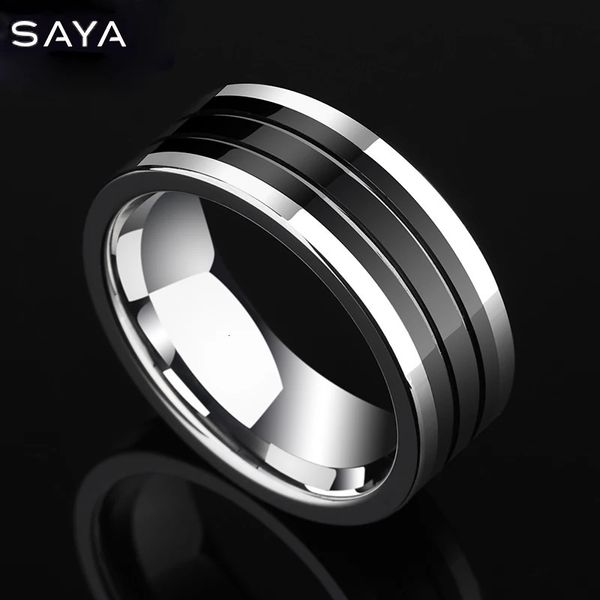 Anéis de casamento 8mm de largura, alto polimento masculino, anéis de banda de carboneto de tungstênio para aniversário, incrustação de cerâmica preta personalizada 231020