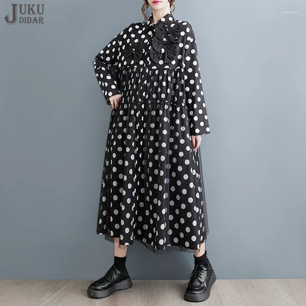 Повседневные платья в корейском стиле, осенний горошек с принтом, свободный крой, женское черное платье-рубашка больших размеров, большой шикарный халат с бантами JJXD591