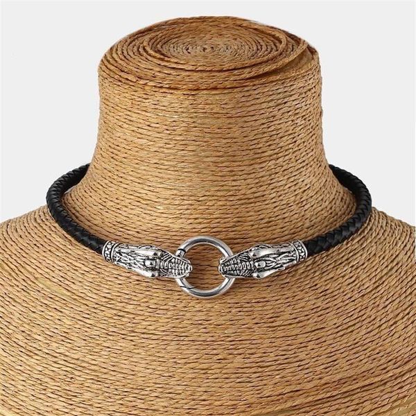 Echt lederen choker ketting Dragon kraag choker met zwart gevlochten leer 13 -17 3376