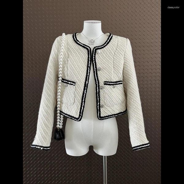 Женские куртки, белое, с небольшим ароматом, повседневное твидовое короткое пальто, с французскими пайетками и длинным рукавом, простая корейская шикарная модная офисная милая женская куртка