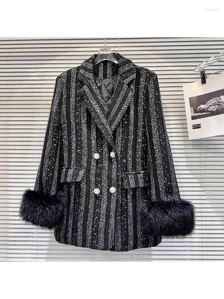Ternos femininos high street est 2023 designer jaqueta punhos de pelúcia listrado lantejoulas tweed longo blazer