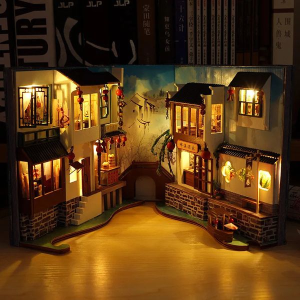 Casa de boneca acessórios diy livro nook estante de madeira prateleira inserir miniaturas casa modelo kit anime coleção boneca casa em miniatura brinquedo de aniversário presentes 231019