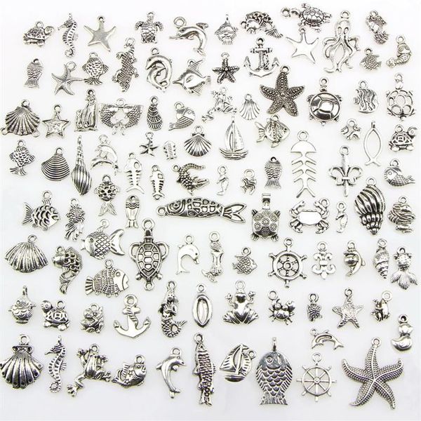 Gemischte 100 Designs Meeresschildkröte Frosch Meerjungfrau Krabbe Krokodil Oktopus Fischgräte Nautisches Thema Charms Anhänger für DIY Halskette Bang2792