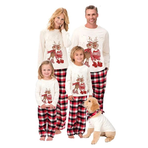 Passende Familien-Outfits, passendes Pyjama-Set für die Familie mit Hund, Cartoon-Elch-Aufdruck, langärmliges T-Shirt, Oberteil und karierte Hose, Eltern-Kind-Kleidung 231019