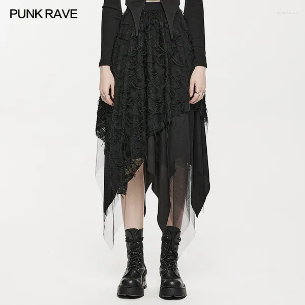 Röcke PUNK RAVE Damen Stil Dry Butterfly Asymmetrischer Halbrock Mode Mesh Burnt And Tattered Weiblich Schwarz