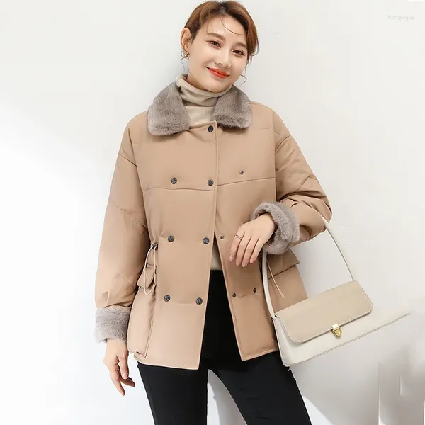 Pelle da donna 2023 Cappotto di pelle di pecora Inverno Visone Colletto per capelli Casual Medio lungo Piumino d'anatra bianco Fodera Vera Giacca