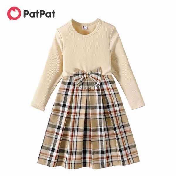 Conjuntos de roupas PatPat Kid Girl Dress Bowknot Design Ribbed Plaid Splice Long-Sleeve Meninas Vestido Crianças Vestidos para Meninas Roupas J231020