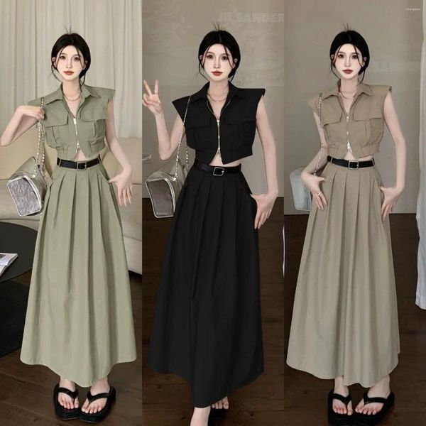 Vestidos de trabalho verão picante menina saia terno feminino retro fino colete carga superior cintura alta longo coreia moda duas peças conjunto roupas