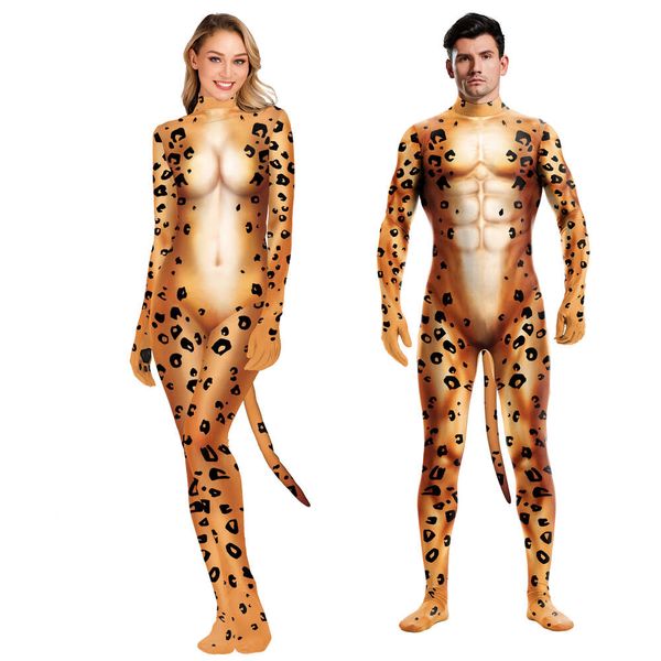 Tier-Leoparden-bedruckter Jumpsuit-Catsuit-Kostüm, sexy Zentai-Cosplay-Bodysuit-Anzug, vollständige Abdeckung mit Schwanzfiess-Outfit