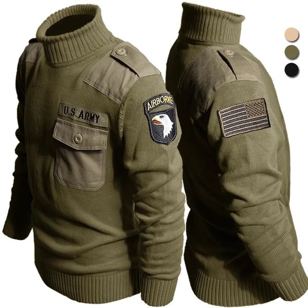 Suéteres masculinos Tactical Turtleneck Sweater Homens Vintage Militar Airborne Malha Pulôver Exército dos EUA Força Especial 100 Algodão Patch Jersey Jumper 231020