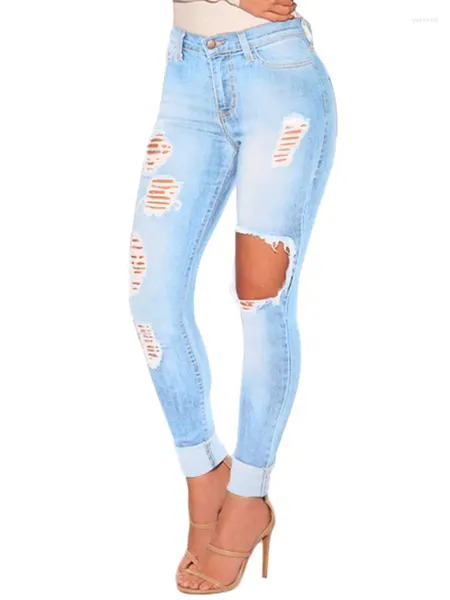 Jeans femininos mulheres estiramento magro sexy lápis calças destruir calças de algodão senhoras denim buracos feminino cintura alta