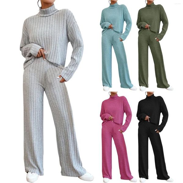 Zweiteilige Damenhose, hoher Ausschnitt, 2 Sweatsuits, lange Ärmel, Strickpullover, Tops, weites Bein, minimale Jumpsuit-Anzüge für Damen, Büro-Stretch-Anzug