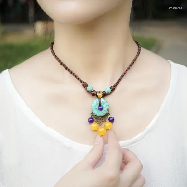 Colares Pingente Moda Vintgae Vento Chinês Pedras Étnicas Colar Arte Roxo Chrysoprase Handmade Antigo Bronze