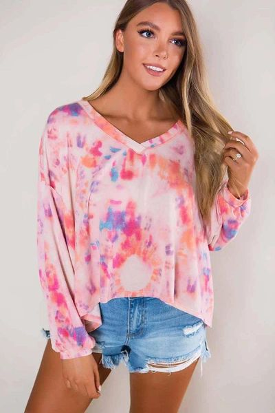 Blusas femininas rosa tie-dye sexy decote em v manga comprida blusa superior para mulheres outono primavera roupas