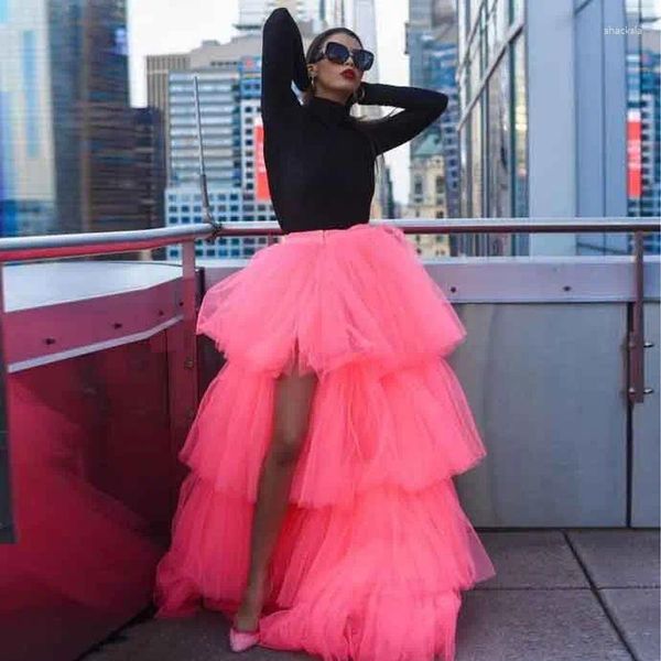 Röcke High Street Rosa abgestufter Tüll Asymmetrischer Puffy Tutu Langer Maxi-Rock nach Maß für Frauen