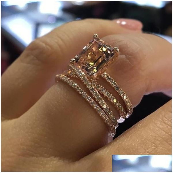 Anelli a fascia Moda Mtilayer Morganite Colore oro rosa Gioielli da sposa Anello in pietra di cristallo champagne Bague per le donne Regali per la festa della mamma Dhg9V