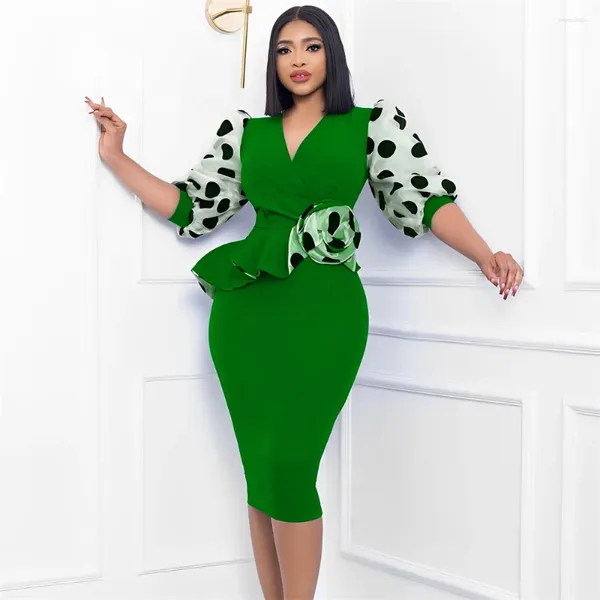 Vêtements ethniques Africain Summer Polka Dot Bodycon Midi Robes Femmes Élégantes Manches Bouffantes Col V Peplum Bureau Lady Robe Femme Robes De Fête