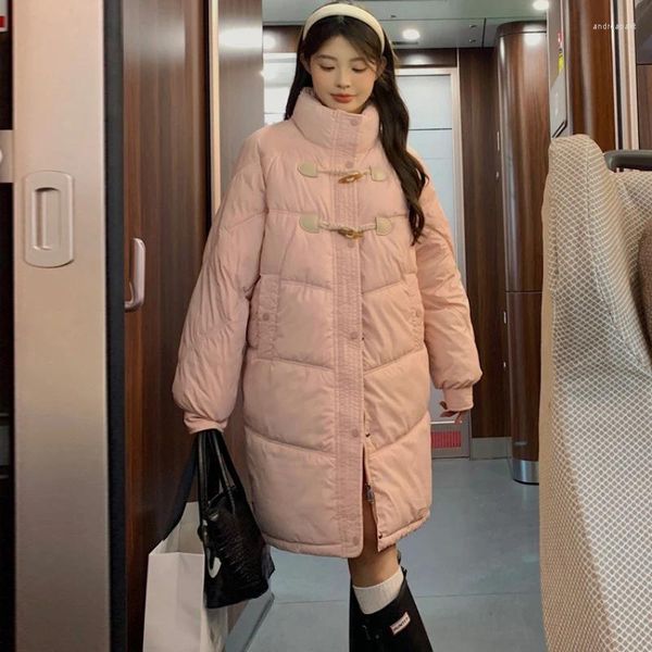 Damen Trenchcoats Winter Stehkragen Dicke warme Pufferjacke Frauen Lange Parka Schneekleidung Kuhhornknöpfe Übergroße koreanische Mode