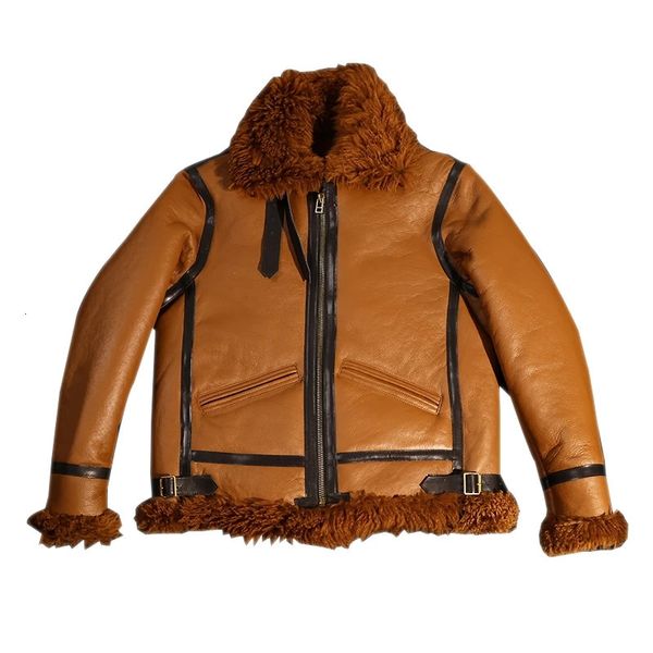 Giacca da uomo in pelle sintetica stile militare marrone chiaro in shearling invernale Plus Size 5XL Pelle di pecora spessa naturale B3 Bomber Cappotto autentico 231020