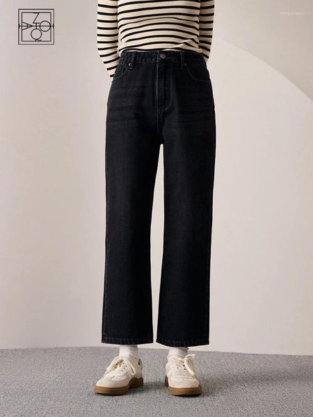 Damenjeans ZIQIAO Lässiger Stil Baumwolle Schwarz Gerade für Frauen Herbst Hohe Taille Dünne Allgleiches Neun-Punkte-Hosen Weiblich