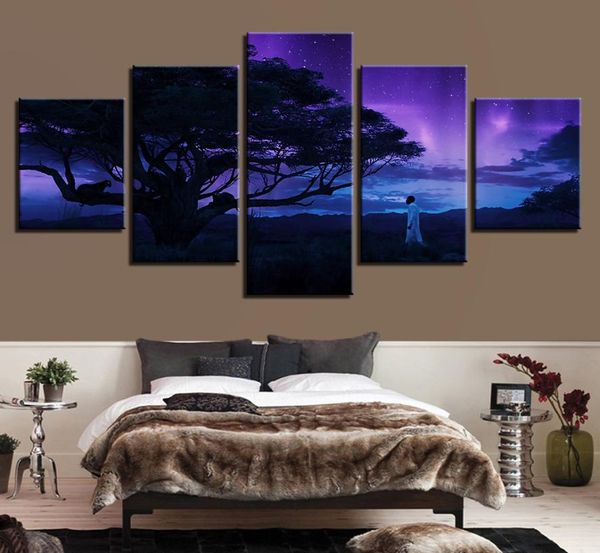 Canvas hd baskılar poster duvar sanatı 5 adet siyah leopar resimleri modüler ağaç soyut gece manzarası resimleri ev dekor çerçevesi6448759
