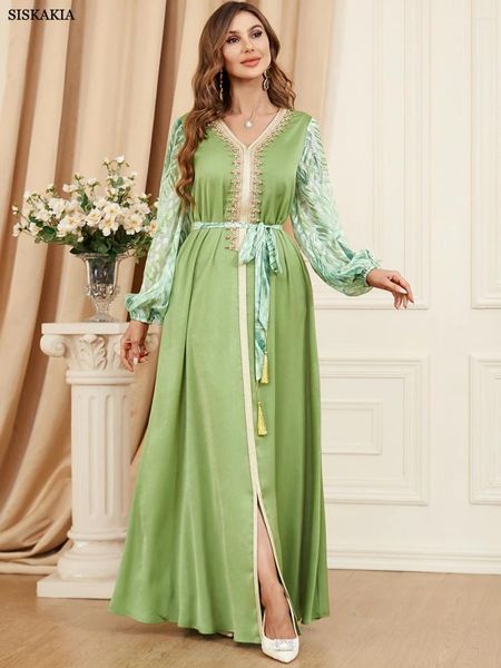 Abbigliamento etnico Elegante abito lungo musulmano per le donne Rinfrescante verde menta estivo Abaya Nastro dorato scollo a V manica lunga in rilievo Jalabiya