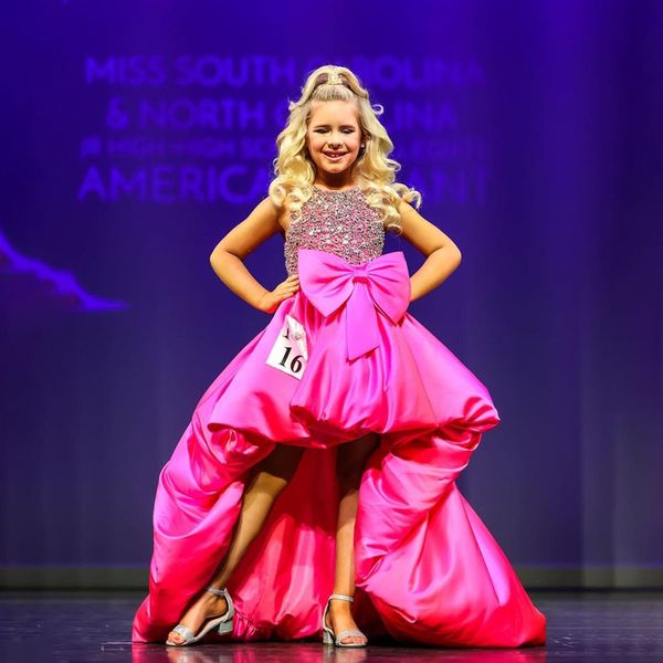 Alta Baixa Uma Linha Meninas Pageant Vestidos Cristal Flor Menina Vestido Com Laço Jóia Pescoço Frente Curto Voltar Longo Crianças Vestidos de Festa de Aniversário 326 326