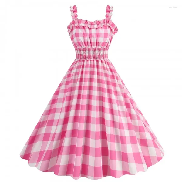 Sıradan elbiseler kız vintage pembe ekose elbise retro shirring kayış rockabilly kokteyl partisi 1950'ler 40s Swing Kadın Polka Dot