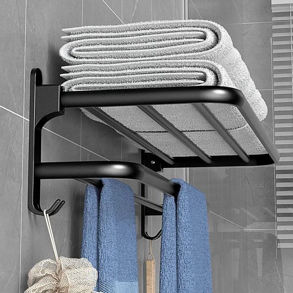 Prateleira do banheiro toalheiro perfurador livre dobrável titular cabide acessórios montagem na parede chuveiro com gancho prateleira preta 231019
