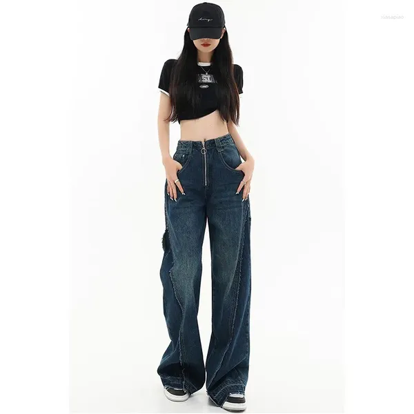 Женские джинсы, поступление 2023 года, летние, корейские, женские повседневные хлопковые джинсовые брюки полной длины на молнии на талии, свободные широкие брюки V676