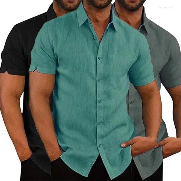 Camisas casuais masculinas verão algodão linho camisa de manga curta lapela sólida formal praia roupas