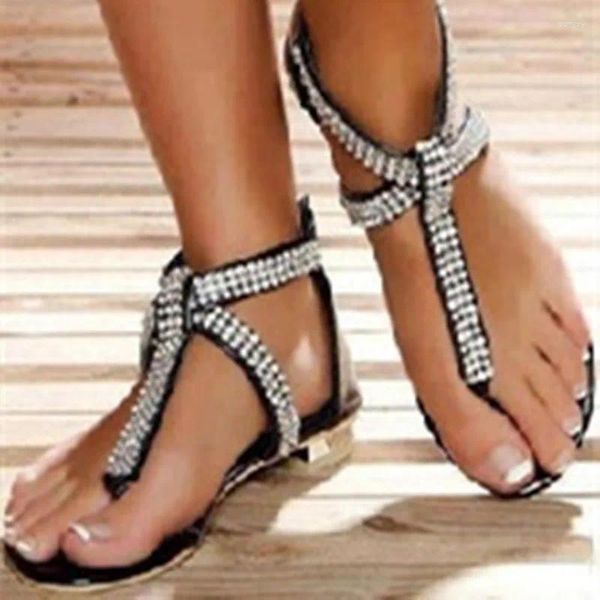 Sandalen Strass T-Riemen Flip Flops Flache Frauen Abdeckung Ferse Reißverschluss Freizeitschuhe Dame Große Größe47 Strand Böhmische Benutzerdefinierte Farbe