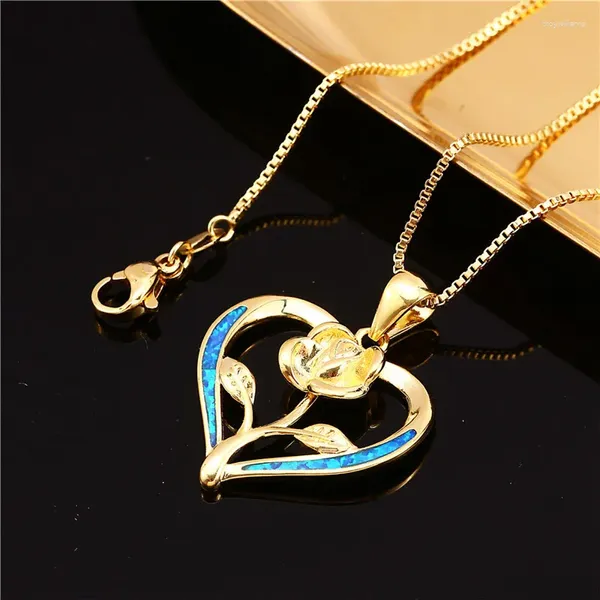 Anhänger Halsketten Klassische Rose Blume Halskette Weiß Blau Opal Liebe Herz Trendy Gold Silber Farbe Kette Für Frauen Geschenk