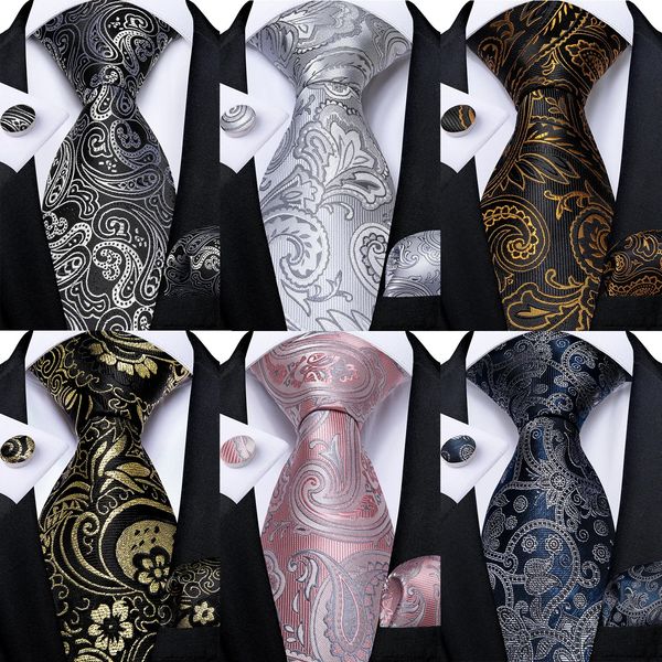 Gravatas de pescoço preto e prata paisley floral masculino cinza azul rosa acessórios de casamento gravata conjunto lenço abotoaduras presente para homens 231019