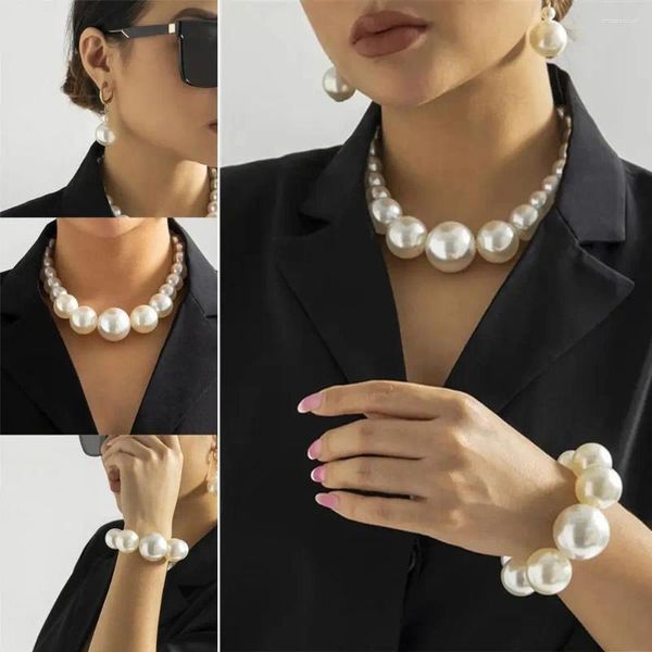 Halskette Ohrringe Set Trendy Perlenohrring Retro Frauen Weiblich Hochzeit Große Perlen Perlenkette Geschenk