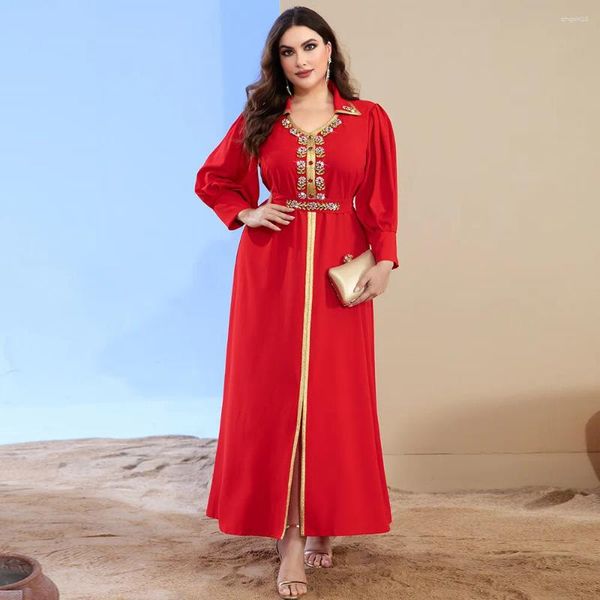 Ethnische Kleidung Eid Rotes muslimisches Kleid für Frauen Ramadan Arab Femme Jalabiya Abaya Islam Marocain Caftan Türkei Kleider Marokkanische Kaftan Robe