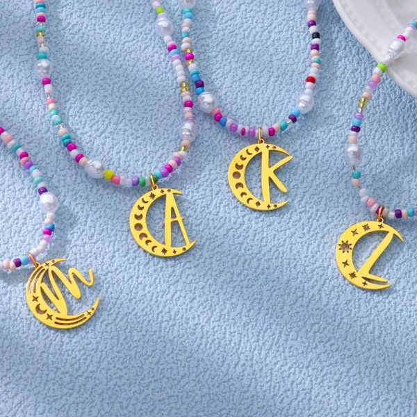 Zincirler Modaya Göre Güzel Mektuplar Kadınlar için Güzel Renkli Boncuk Zinciri Altın Renk Paslanmaz Çelik Ay Takı Parti Hediyesi