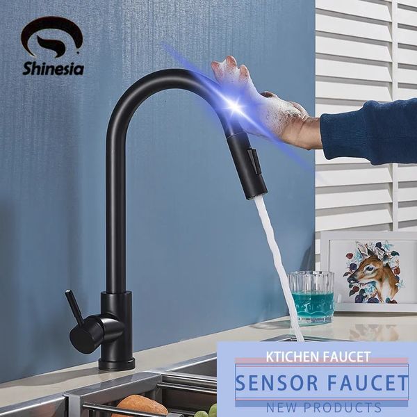 Torneiras de cozinha Shinesia Black Sensor Torneira Pull Out Bico Toque Inteligente Indutivo Sensível Rotação de 360 graus Torneira Misturadora 231019