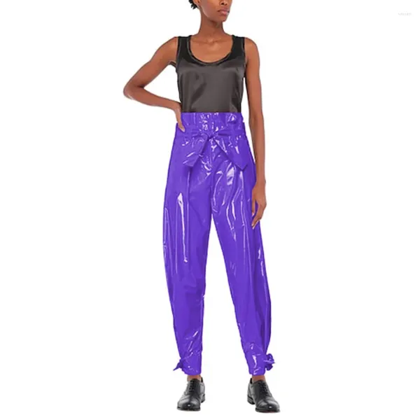 Calças femininas vinil pvc couro cintura alta com cinto falso látex hip hop jazz calças soltas streetwear festa clube carga 7xl