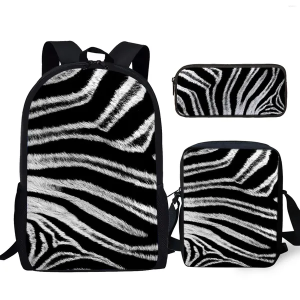 Mochila YIKELUO 3D Zebra Texture Design Preto Durável e resistente a manchas com zíper Messenger Bag Casual Mochilas Pencil Case